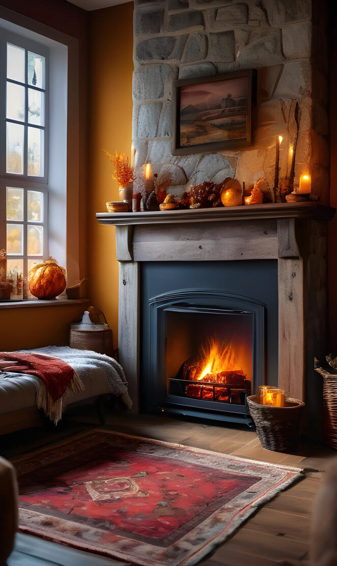 rustic fireplace canapé winter autumnal