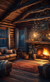 interior log cabin at night