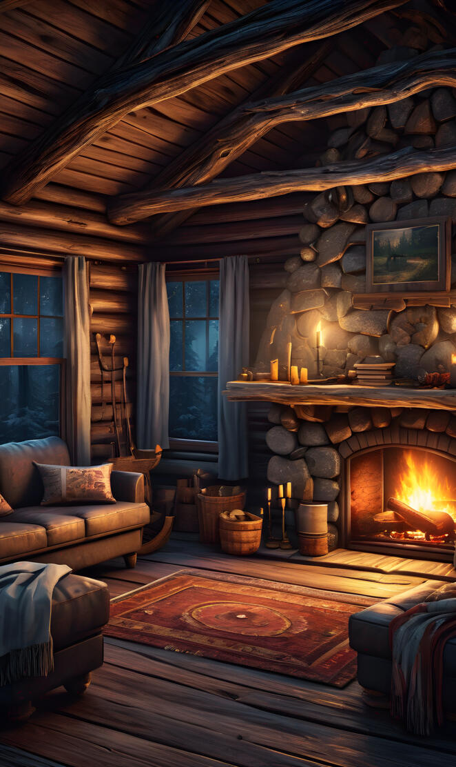 interior log cabin at night