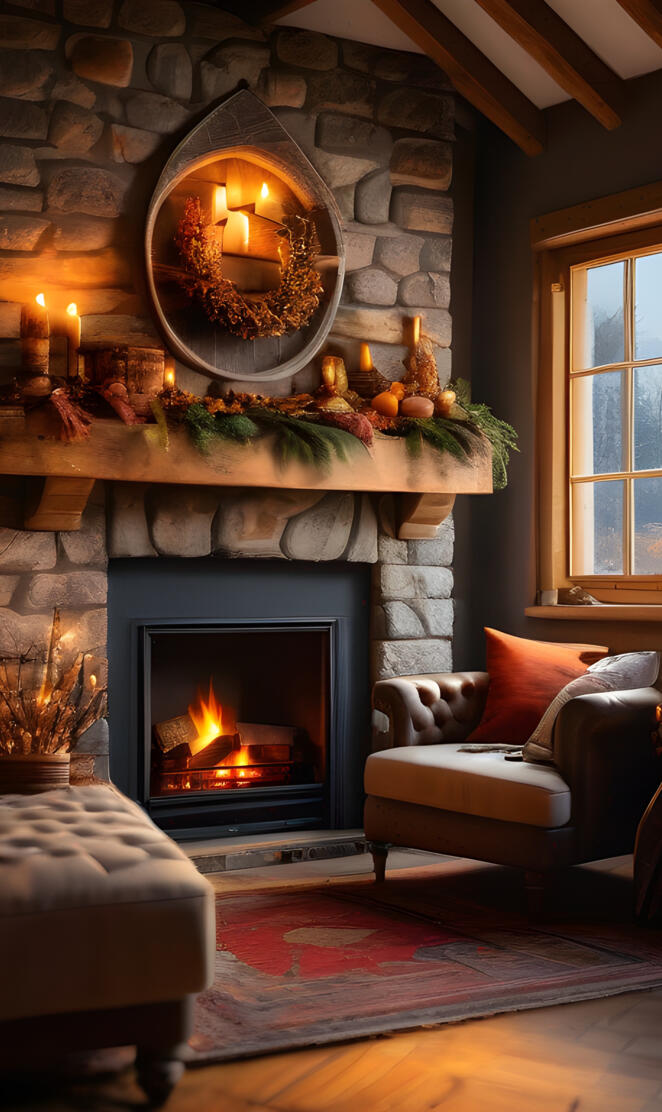 rustic fireplace canapé winter autumnal