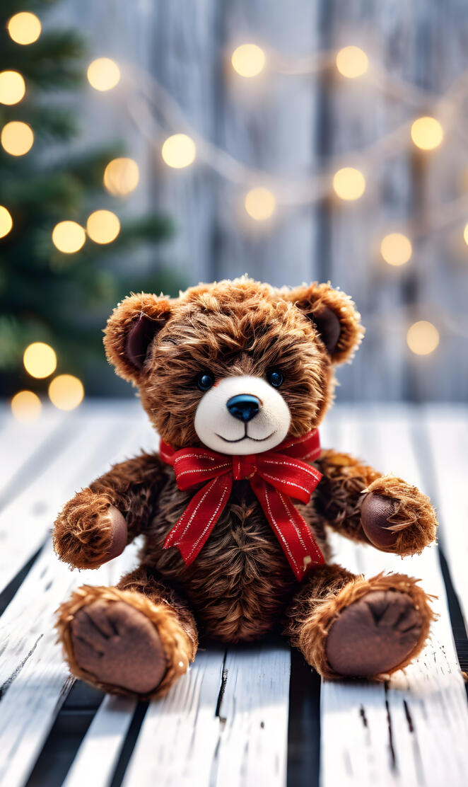 a teddy bear on a bench