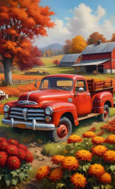 red barn mums old truck autumn time