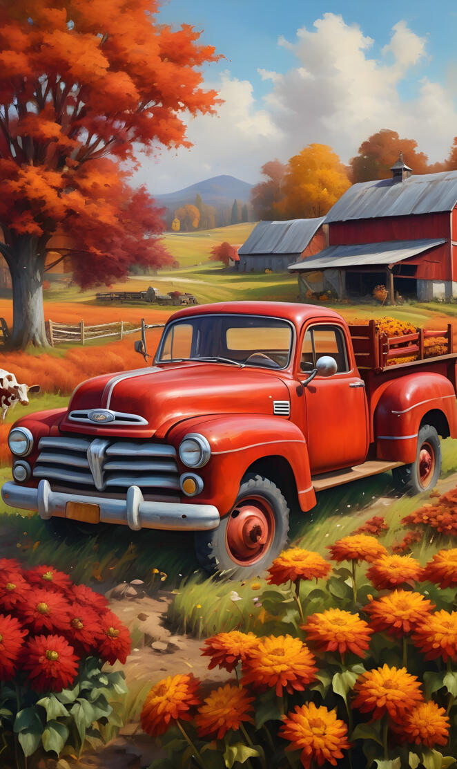 red barn mums old truck autumn time