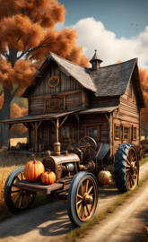 old wood cabin steampunk autumn day