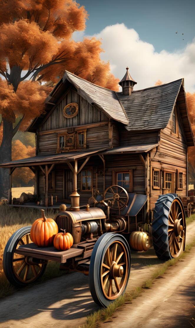 old wood cabin steampunk autumn day