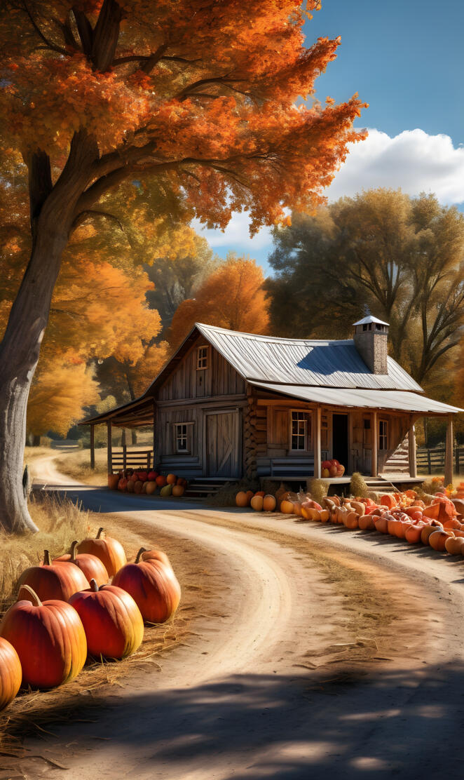 old cabin autumn day pumpkins for sale