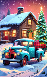 cartoon blue truck winters day Christmas time brown cabin