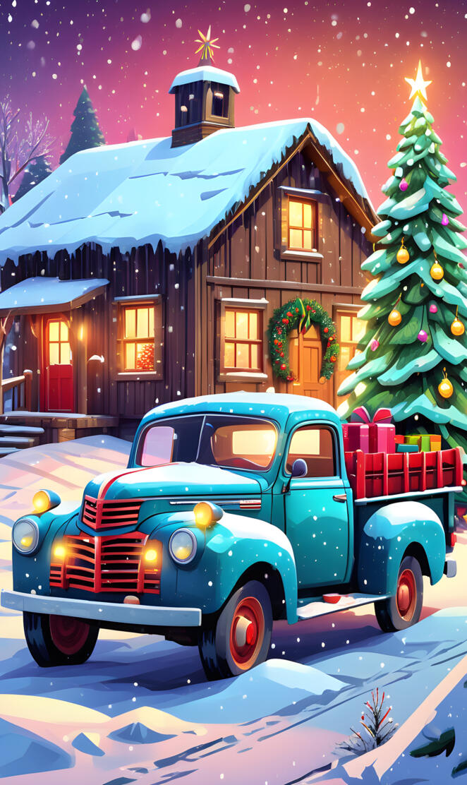 cartoon blue truck winters day Christmas time brown cabin