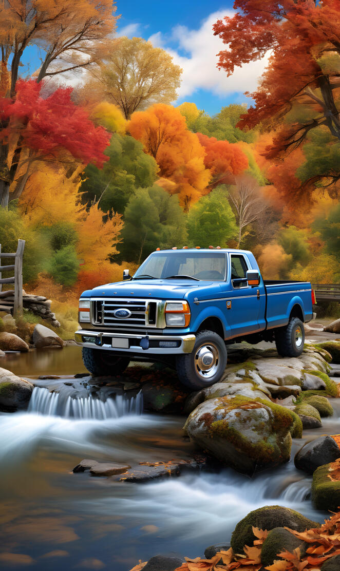 fall view Ford truck rushing creek