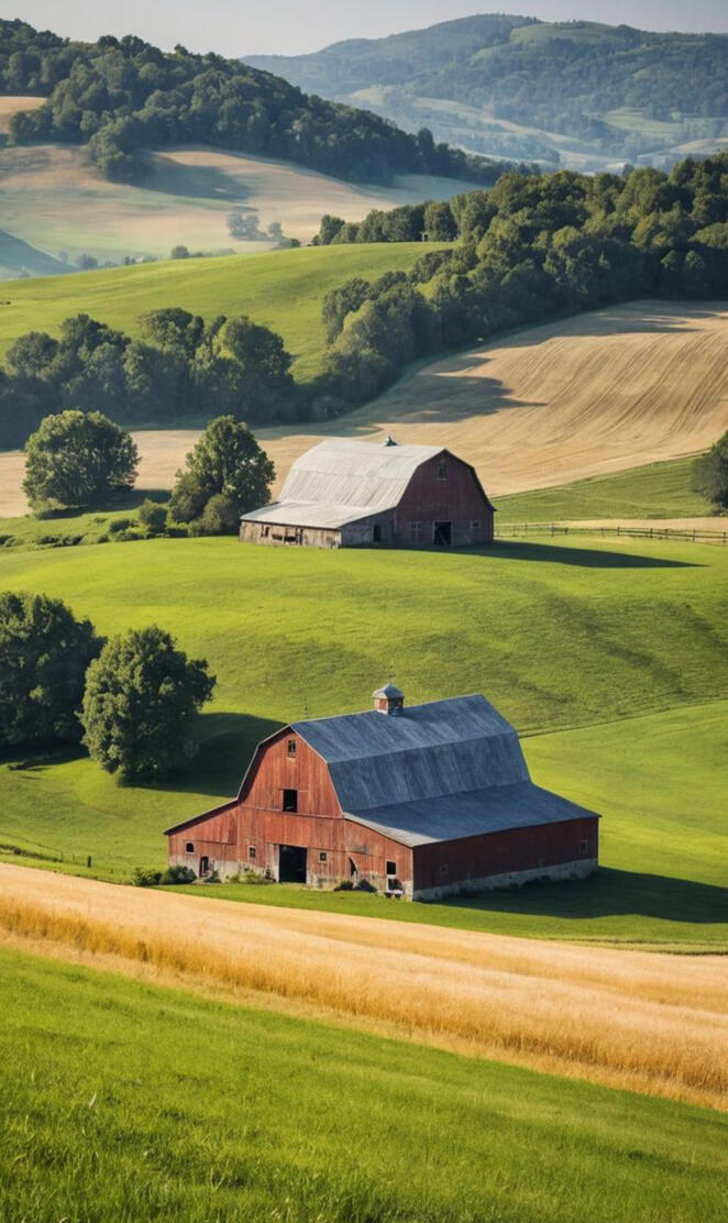 "Idyllic Countryside: Barns Against Rolling Hills"