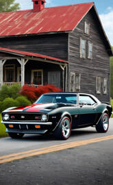 A Beautiful Black 1968 Chevy Camaro SS With Red Super Sport Stripes.