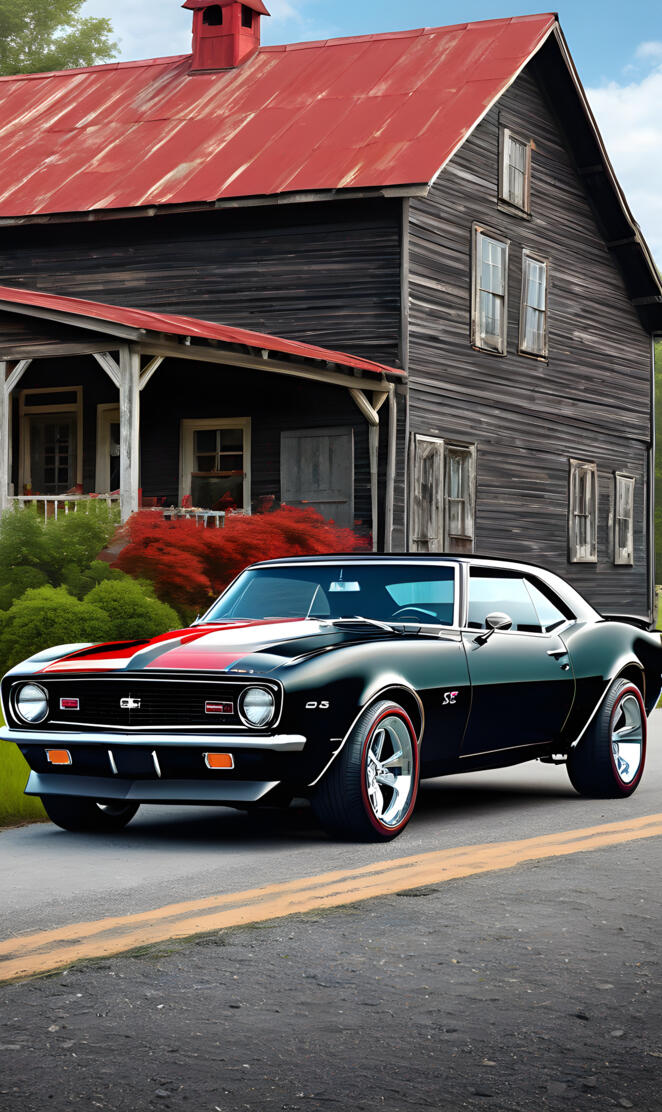 A Beautiful Black 1968 Chevy Camaro SS With Red Super Sport Stripes.