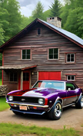 a car parked in front of a log cabin
