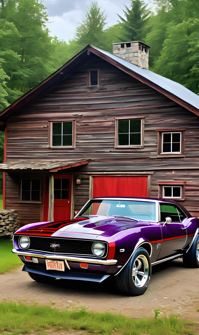 a car parked in front of a log cabin