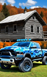 A Beautiful Blue Camo 2025 Dodge Ram 4x4 4-door Pickup In The Country.