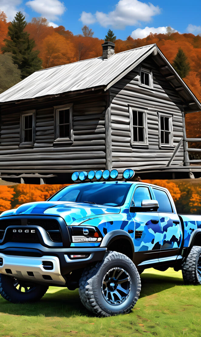 A Beautiful Blue Camo 2025 Dodge Ram 4x4 4-door Pickup In The Country.
