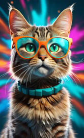 girl tabby cat with teal glasses with colorful burst background