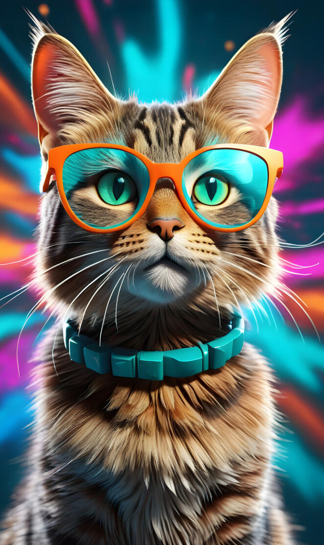 girl tabby cat with teal glasses with colorful burst background