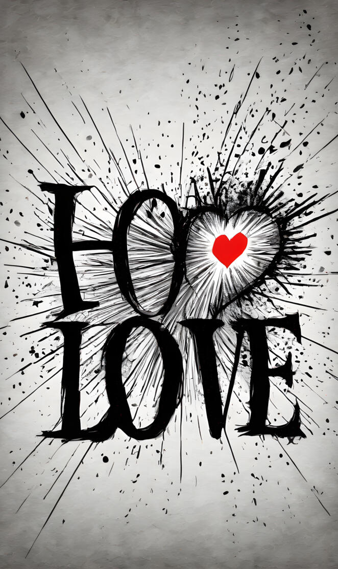 a black and white drawing of a heart and a couple of people