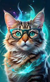 tabby cat with teal glasses with colorful background