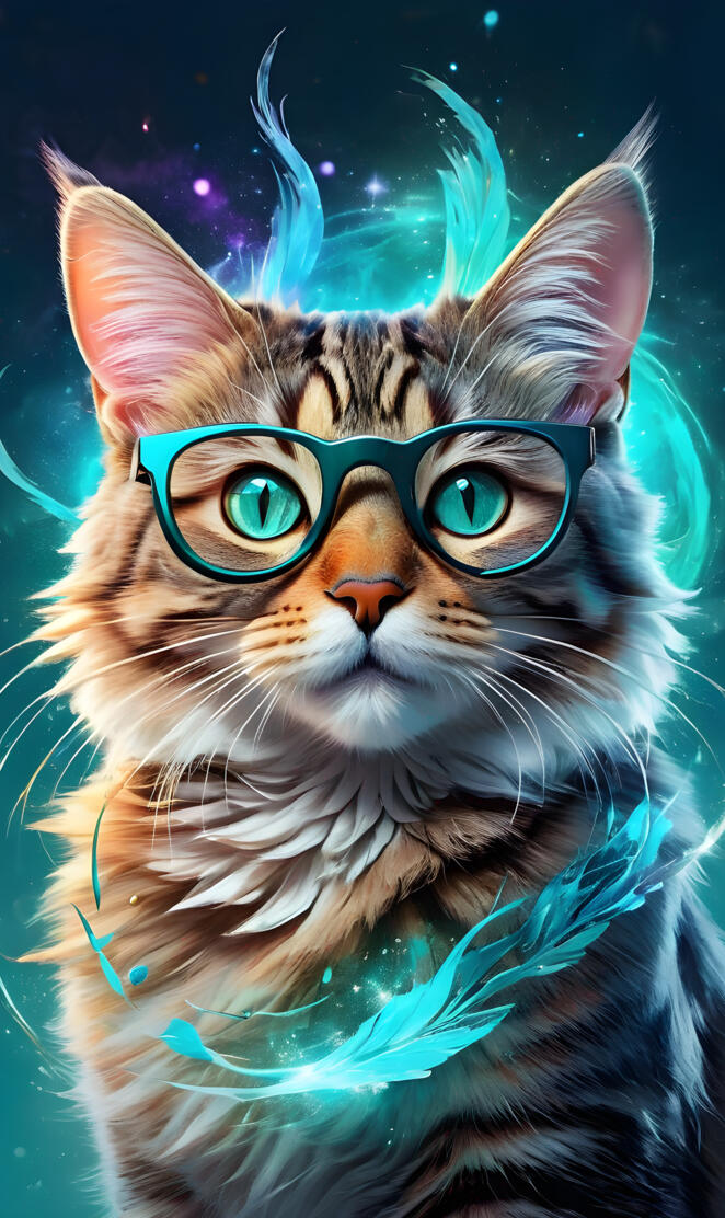 tabby cat with teal glasses with colorful background