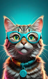 tabby cat with teal glasses with colorful background