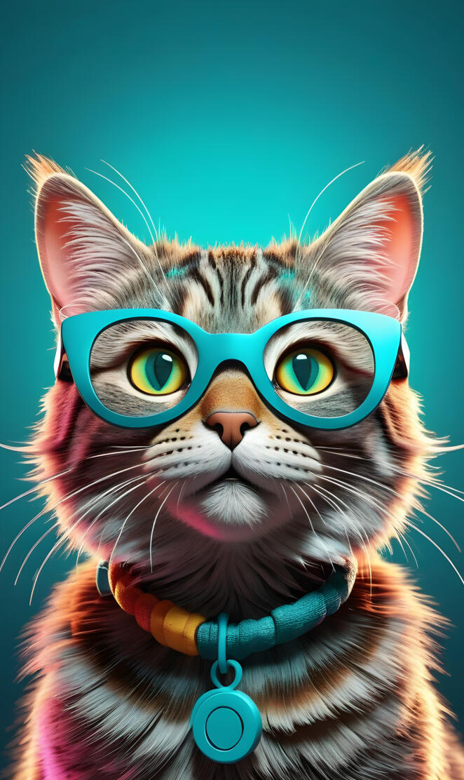 tabby cat with teal glasses with colorful background