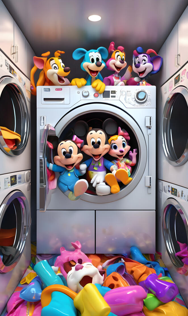 a group of toys in a laundry room