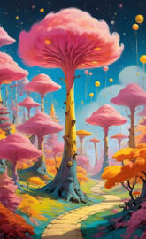 a painting of a tree with pink flowers and a blue sky