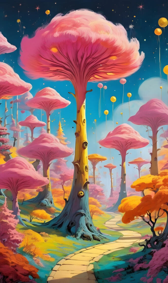 a painting of a tree with pink flowers and a blue sky