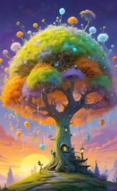 a painting of a person with a tree and a building in the background