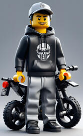 a toy figure of a person with a helmet and a bike