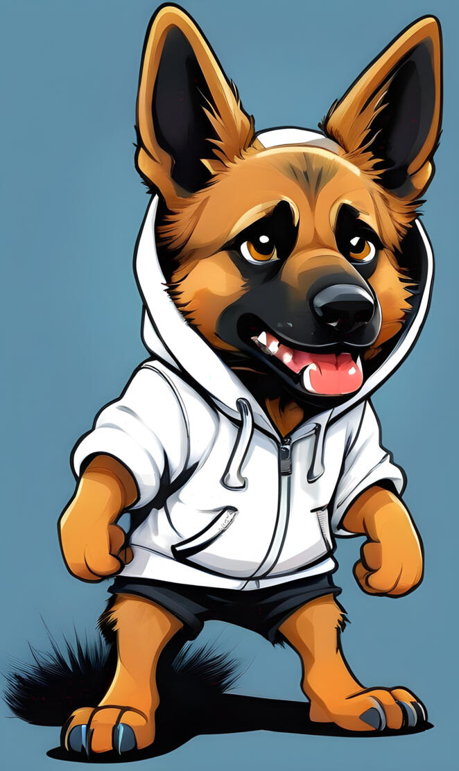 German Shepherd wearing a white Hoodie