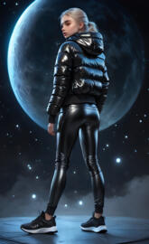 a person wearing a leather jacket and black pants
