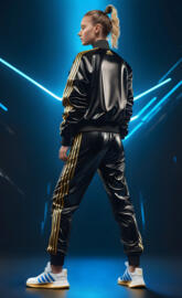 a person wearing a black and white jacket and blue pants