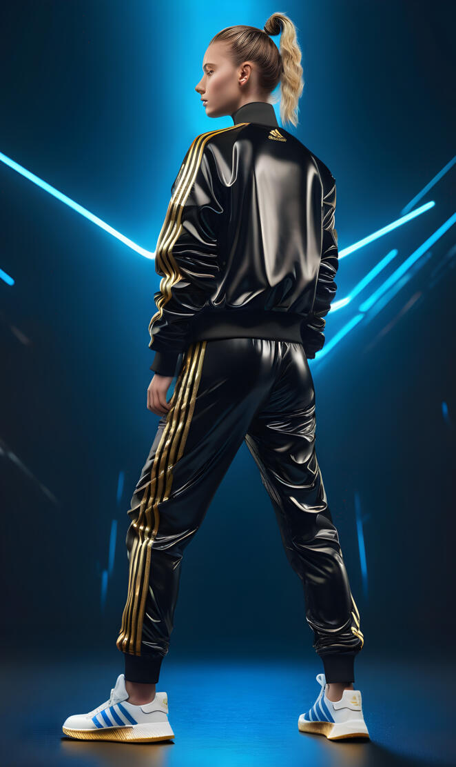 a person wearing a black and white jacket and blue pants