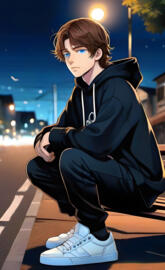 boy sitting on roadside in night under street light