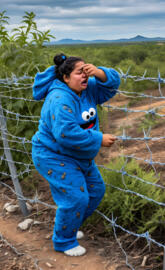 Overweight Hispanic Girl in Cookie Monster pajamas attempting to cross
