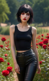 Black Emo Girl in a Rose meadow
