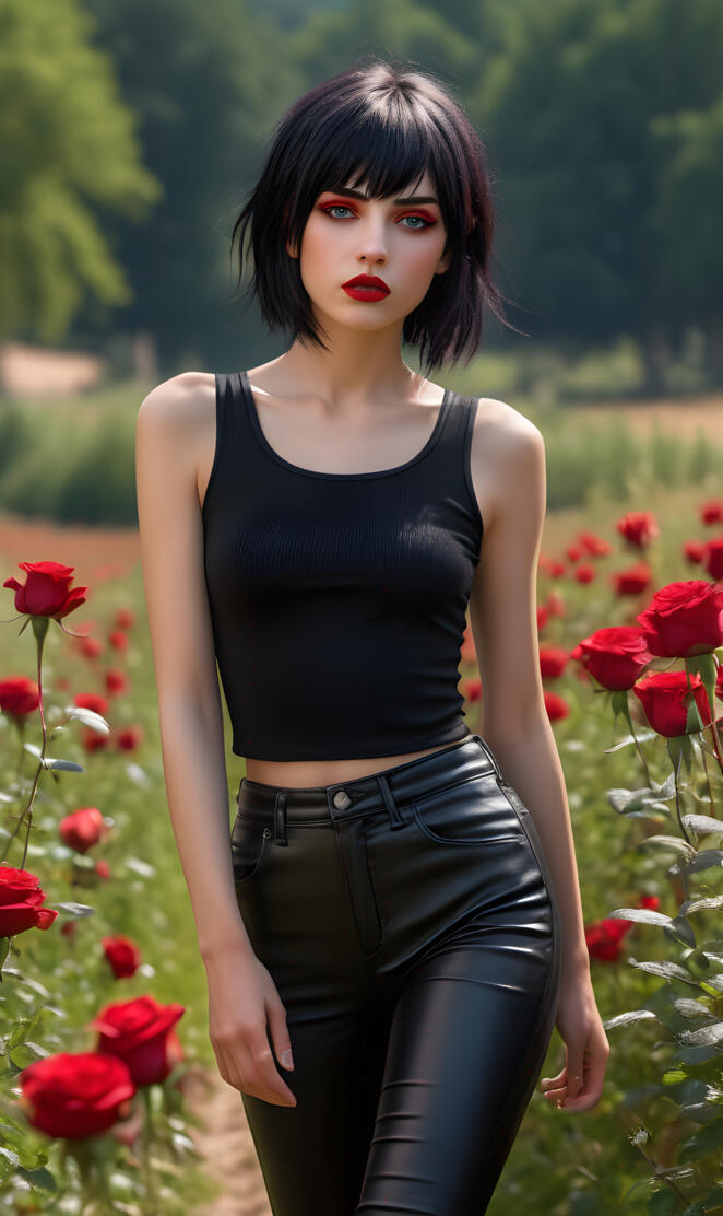 Black Emo Girl in a Rose meadow