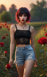 beautiful Emo Girl in a Rose meadow