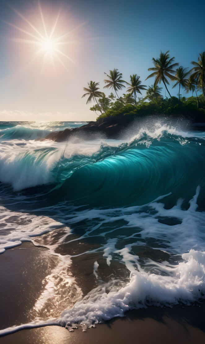 Paradise beach with waves at night 2024 02