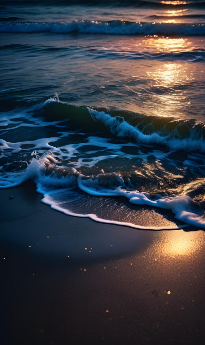 Paradise beach with waves at night 2024 01