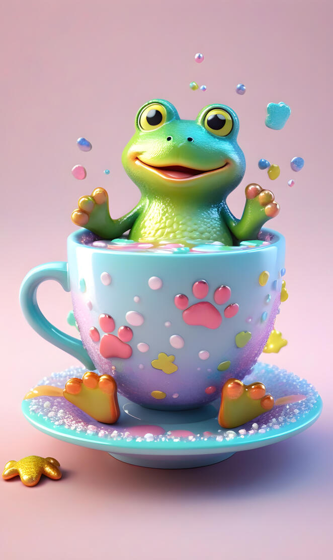 a green frog on a tea cup