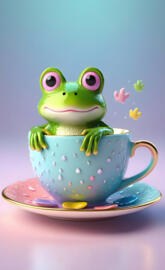 a green frog on a teacup