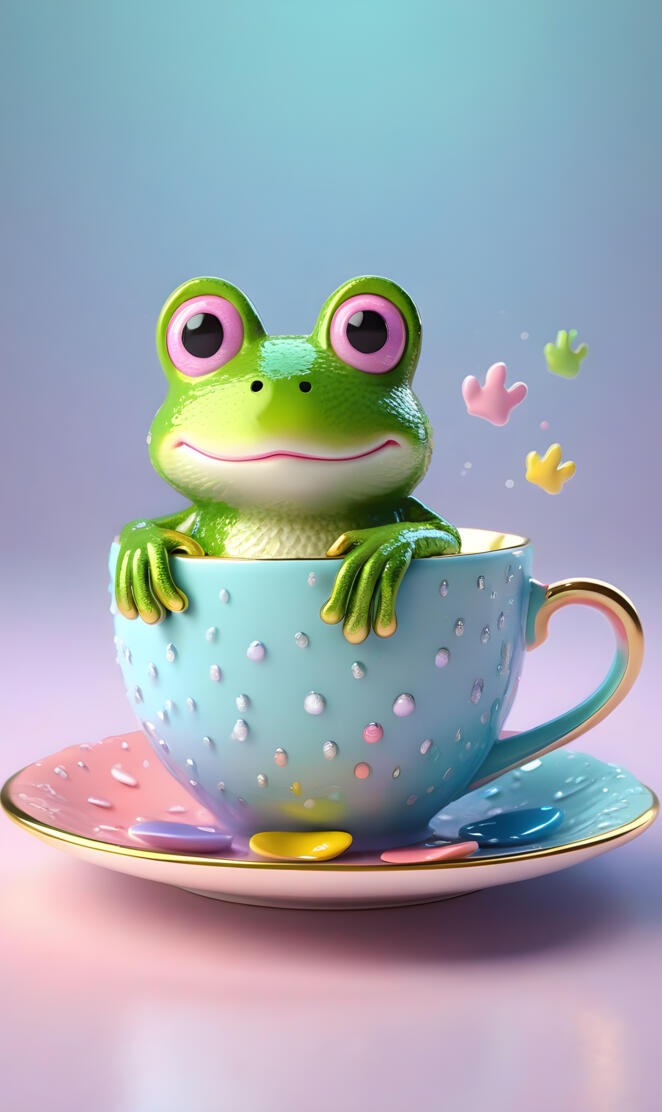 a green frog on a teacup