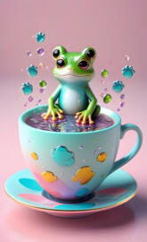 a small green frog on a teacup