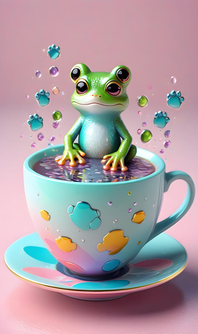 a small green frog on a teacup