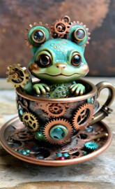 a teapot with a green frog on top