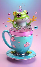 a green frog on a tea cup